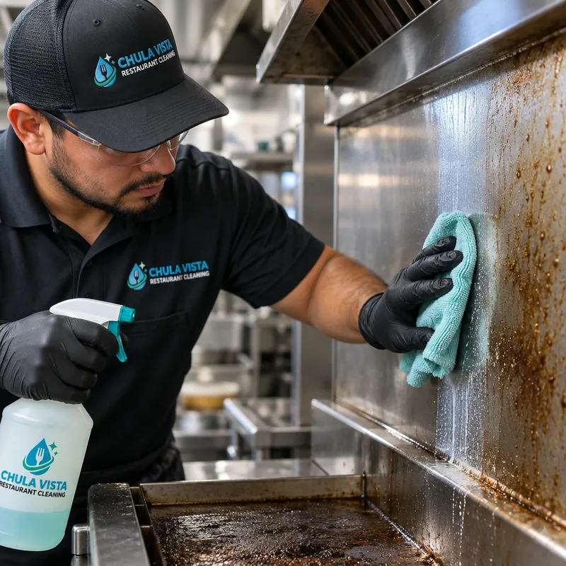 Degreasing and wiping residue from a stainless steel backsplash and commercial cooking line