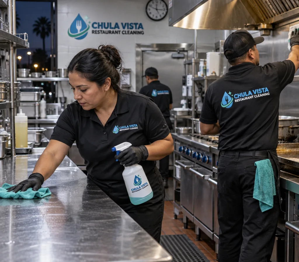 Night cleaning crew wiping stainless prep tables and degreasing a commercial restaurant cook line