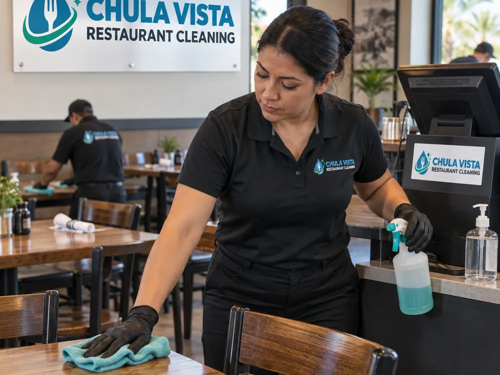 Cleaner detailing restaurant tables, chair backs, and high-touch surfaces near a POS station