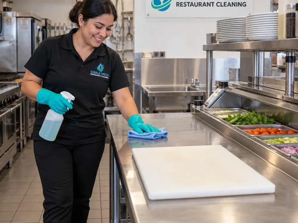 Clean commercial prep area with organized stations, sanitized work surfaces, and clean floors