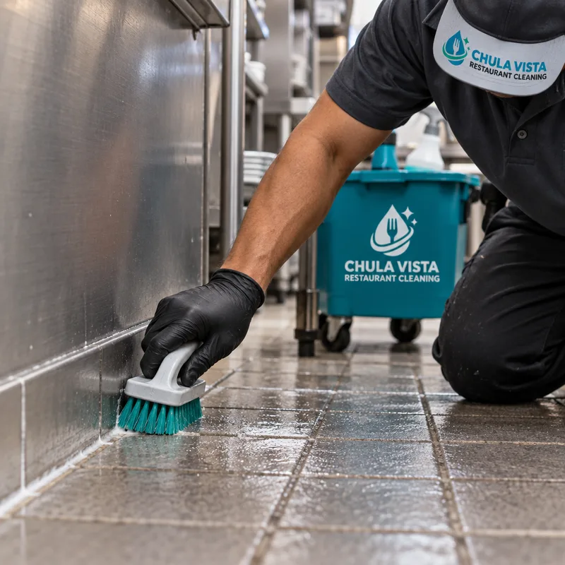 Scrubbed commercial kitchen floor edge with clean grout and removed buildup at the wall junction