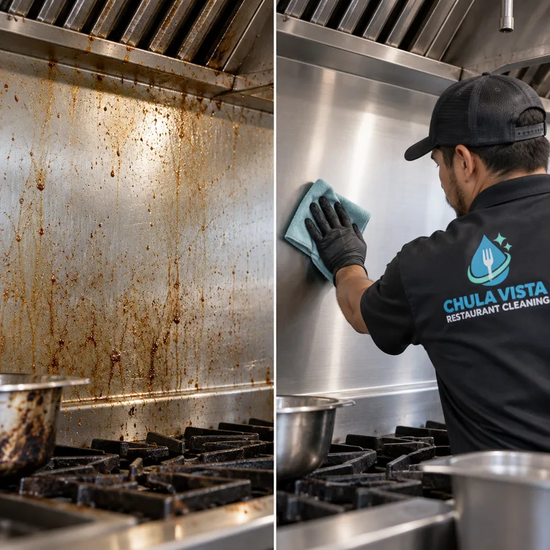 Greasy stainless backsplash behind a cook line restored to a clean, uniform, streak-free finish