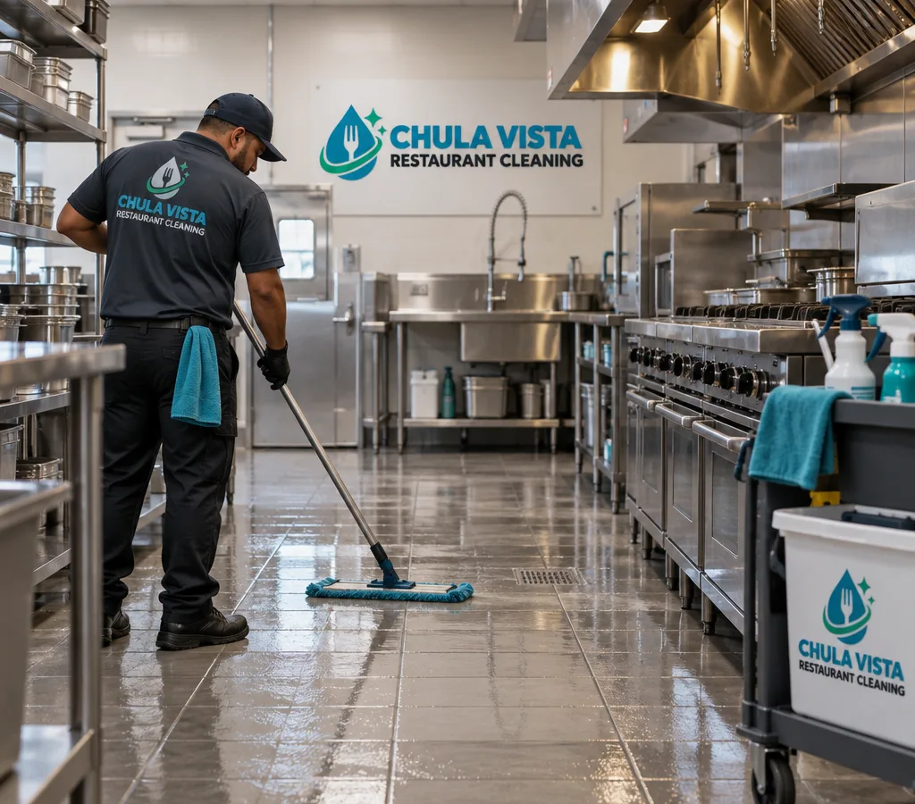 Wide-angle commercial restaurant kitchen with clean stainless prep tables, hood line, tile floor, and neatly staged cleaning tools