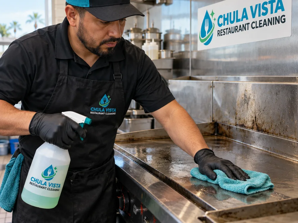 Technician carefully degreasing stainless surfaces on a commercial cook line using labeled food-safe products