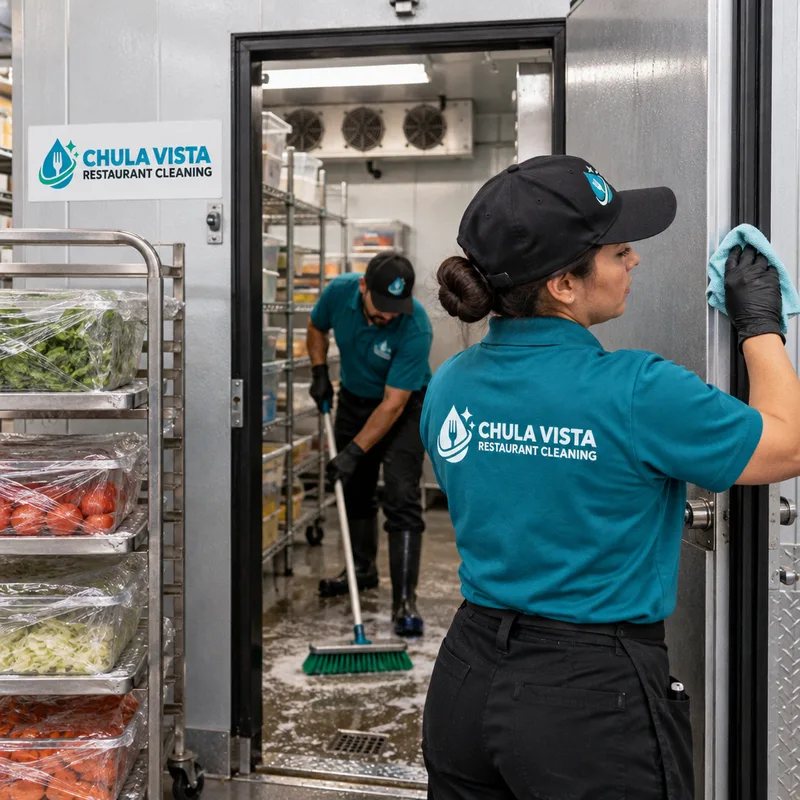Cleaner wiping walk-in cooler shelving and door gasket while another technician scrubs the cooler floor