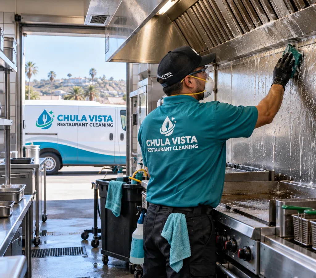 Professional cleaner in PPE degreasing a commercial cookline, backsplash, and adjacent wall in a working restaurant kitchen