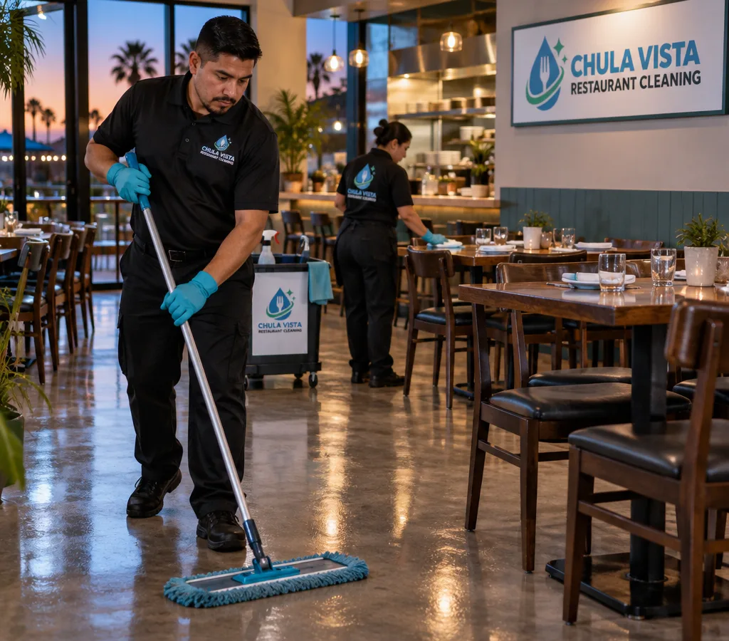 Evening restaurant cleaning team mopping and detailing a reset dining room aisle