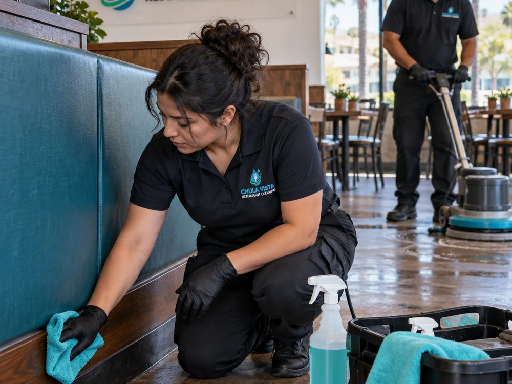Cleaner detailing a restaurant booth and baseboard while the nearby floor is spot-scrubbed