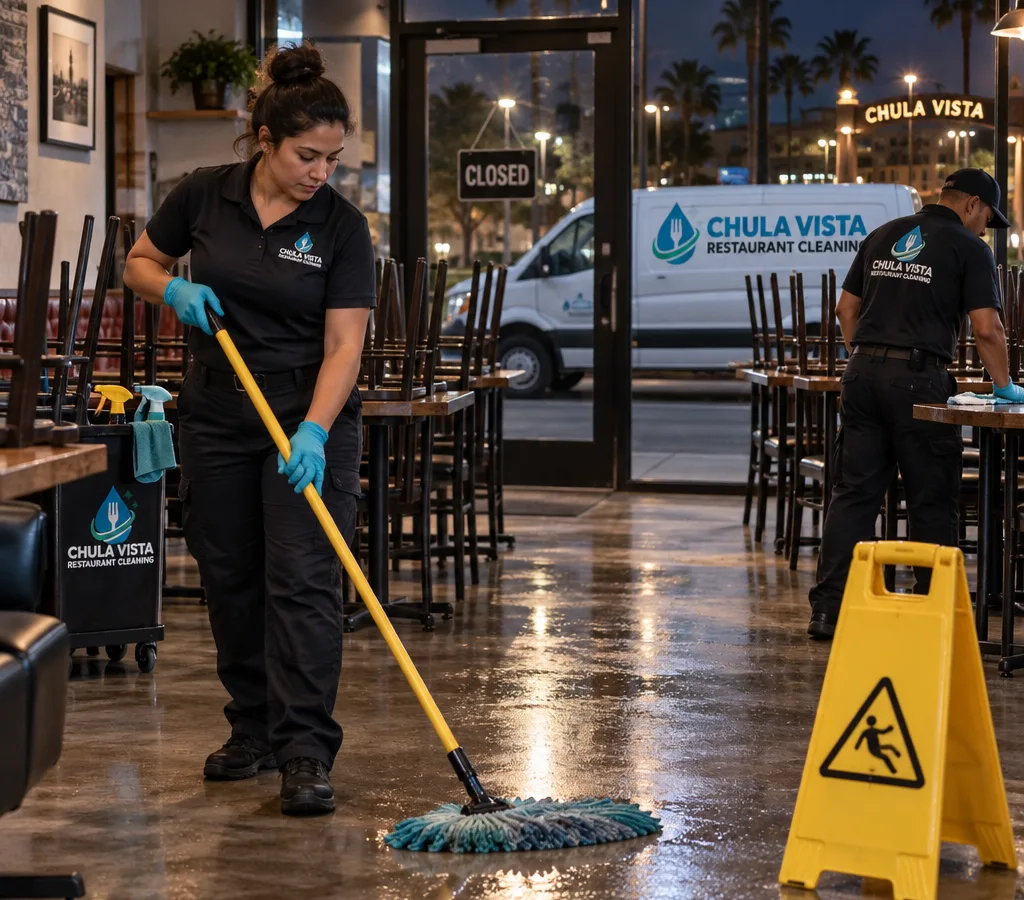 After-hours cleaning crew mopping a restaurant dining area with chairs raised, wet floor signs displayed, and the storefront closed for the night