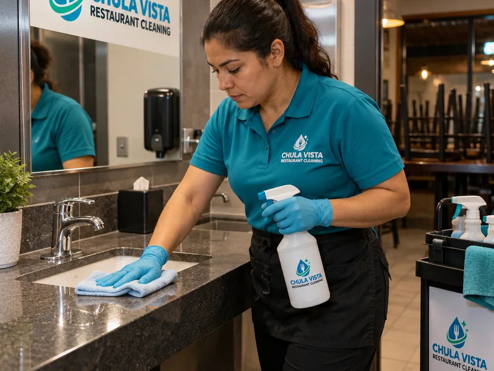 Gloved technician disinfecting a restaurant restroom sink and counter with cleaning supplies staged neatly for after-hours detail work