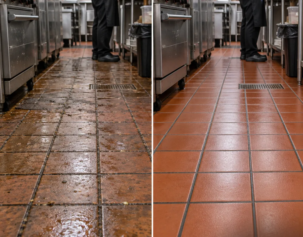 Before-and-after comparison of greasy quarry tile near a restaurant cook line with cleaner tile and grout