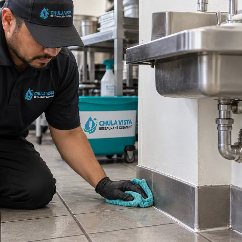 Cleaned grout and cove-base edge in a commercial kitchen corner near a hand sink