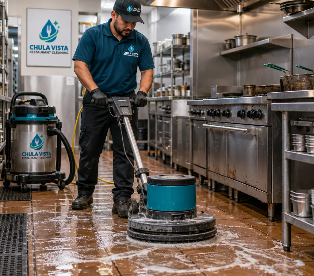 After-hours commercial kitchen floor cleaning in a Chula Vista restaurant with a technician scrubbing tile and grout near the cook line