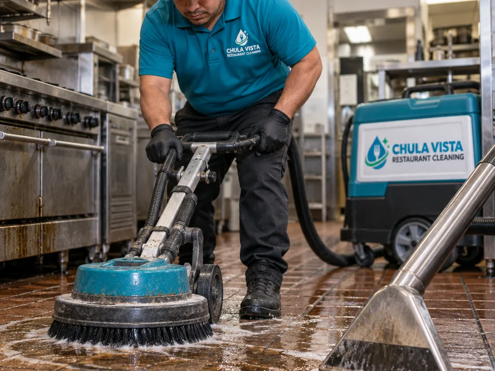 Commercial floor scrubber cleaning greasy kitchen tile while a recovery system removes dirty solution