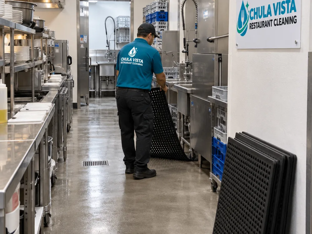 Freshly cleaned back-of-house corridor connecting a restaurant kitchen and dish area with mats staged for reset