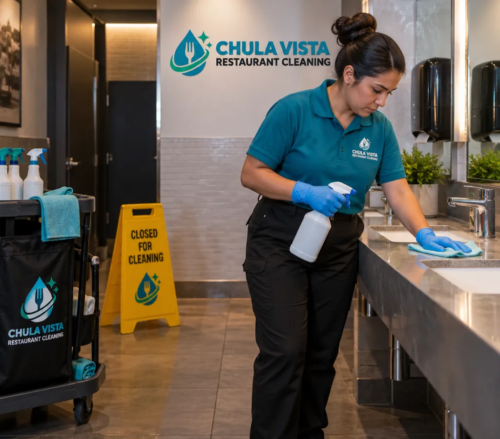 Restaurant restroom technician disinfecting a sink and counter while wearing protective equipment beside a closed-for-cleaning sign