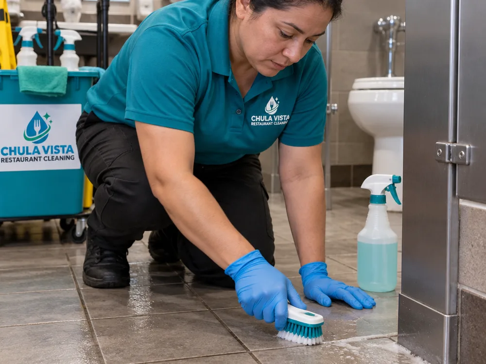 Gloved technician cleaning tile grout lines and floor edges in a restaurant restroom with fixtures and a stall partition visible