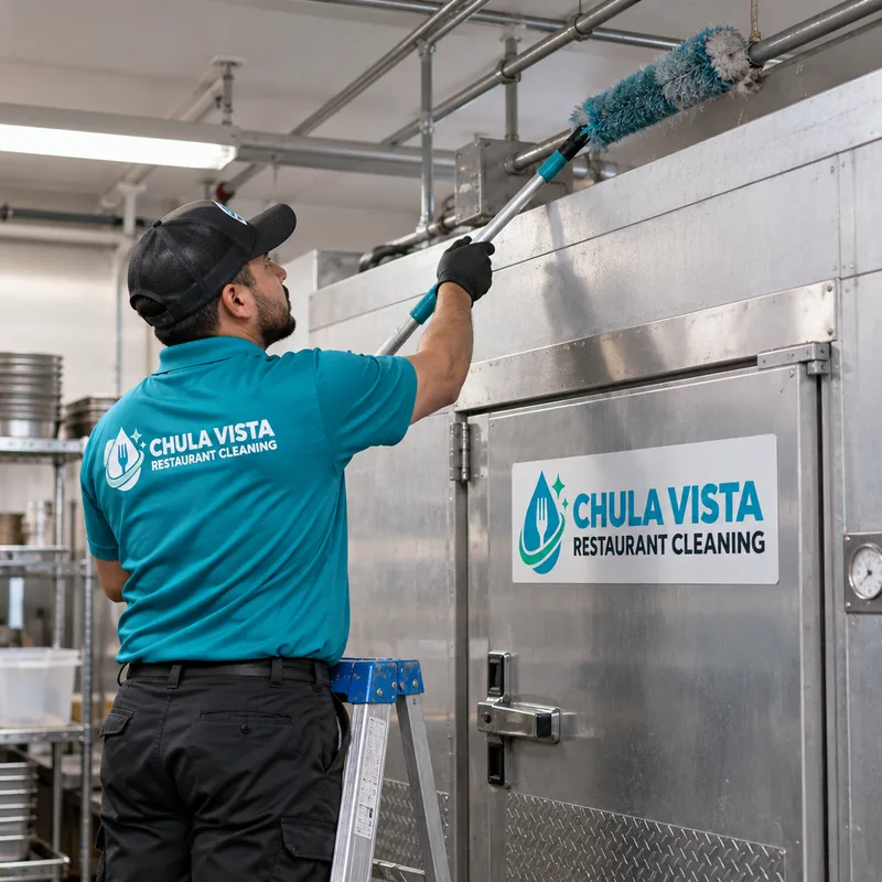 Technician using a microfiber extension tool to capture dust from the top of a walk-in cooler and overhead conduit