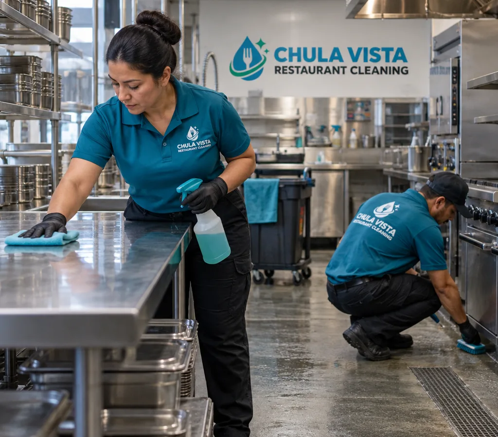 Professional crew cleaning stainless prep tables, equipment, floor edges, and corners in a commercial restaurant kitchen after hours