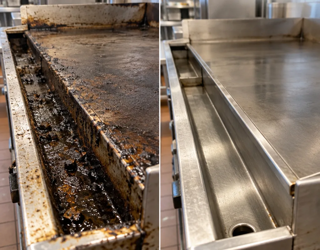 Before-and-after comparison of a flat-top grill edge and grease trough with carbon buildup removed