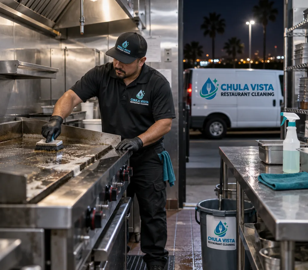 Night-time commercial kitchen with a technician cleaning a stainless grill and nearby prep table using visible degreasing tools