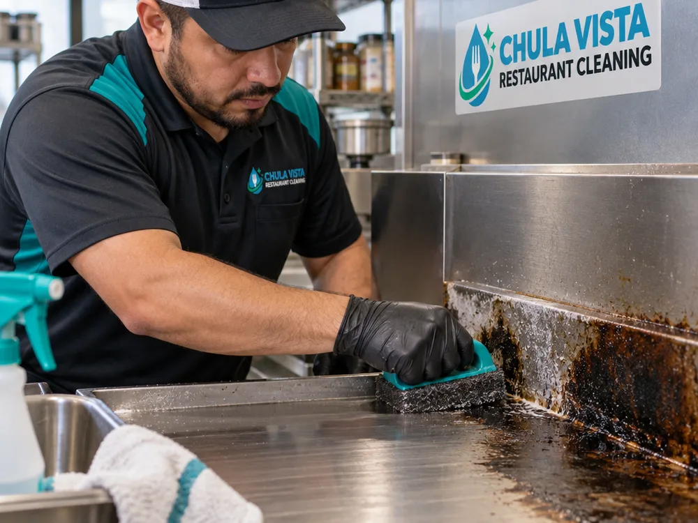 Technician hand-scrubbing carbon buildup from a flat-top grill edge and backsplash beside cleaned stainless steel