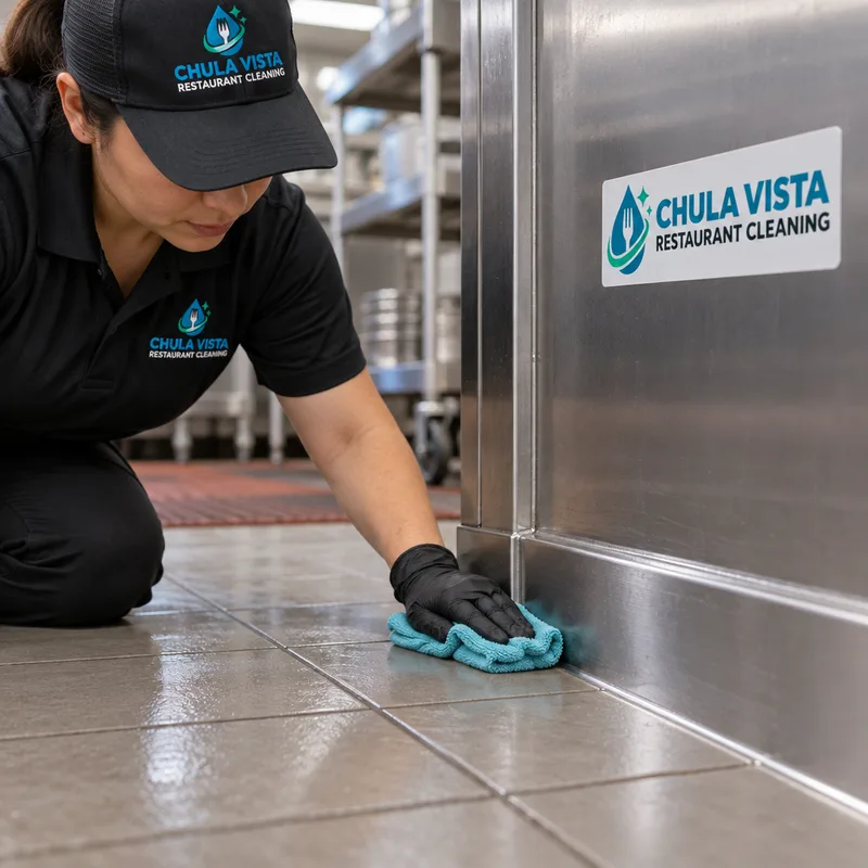 Clean commercial kitchen floor corner and baseboard after degreasing, with buildup removed from the edge