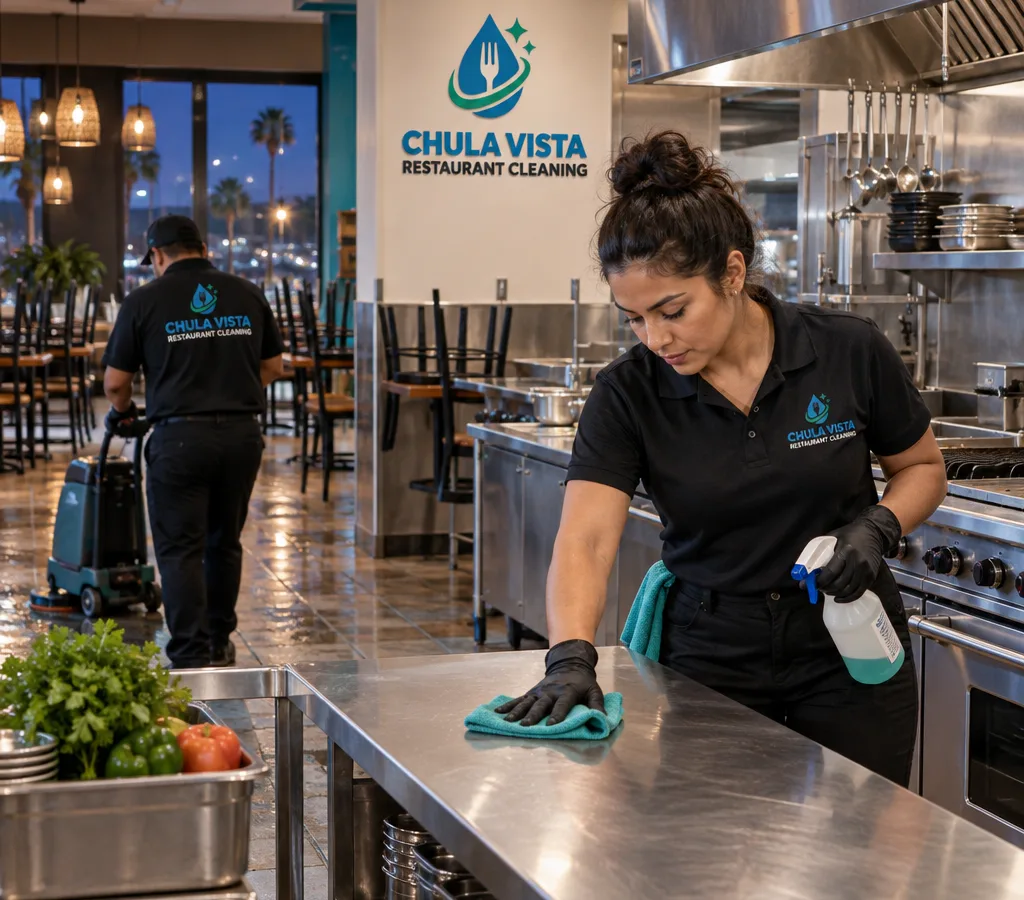After-hours restaurant cleaner detailing stainless prep tables beside a tidy cook line, with the dining area being cleaned in the background