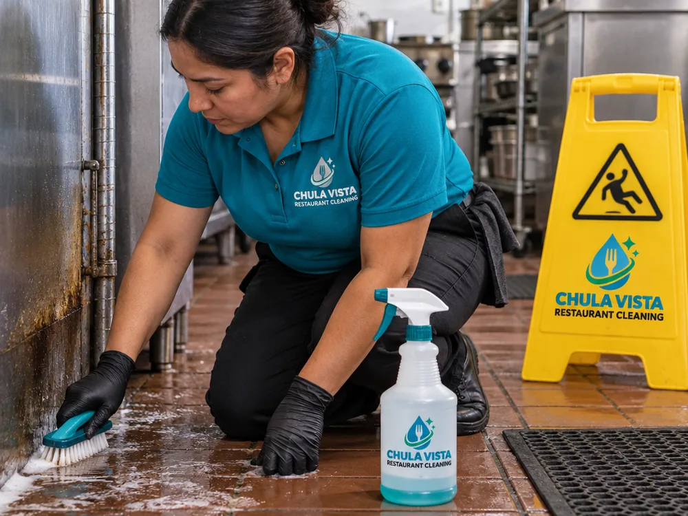 Cleaner using a scrub brush and degreaser at a commercial kitchen floor-wall junction beside a wet floor sign