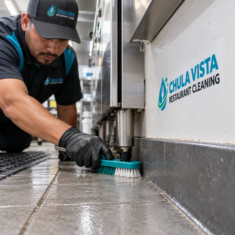 Clean commercial kitchen floor edge and baseboard behind equipment with grease residue removed