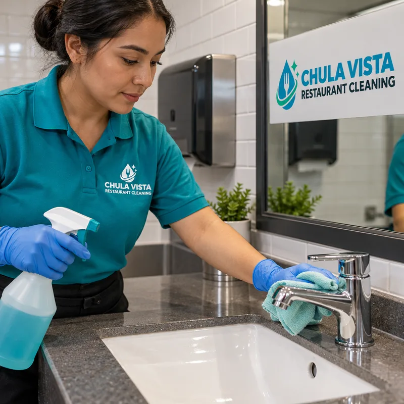Disinfected restaurant restroom sink, mirror, fixtures, touch points, and grout lines