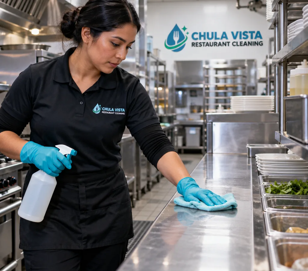 After-hours restaurant cleaner disinfecting a stainless commercial kitchen prep line using food-safe practices