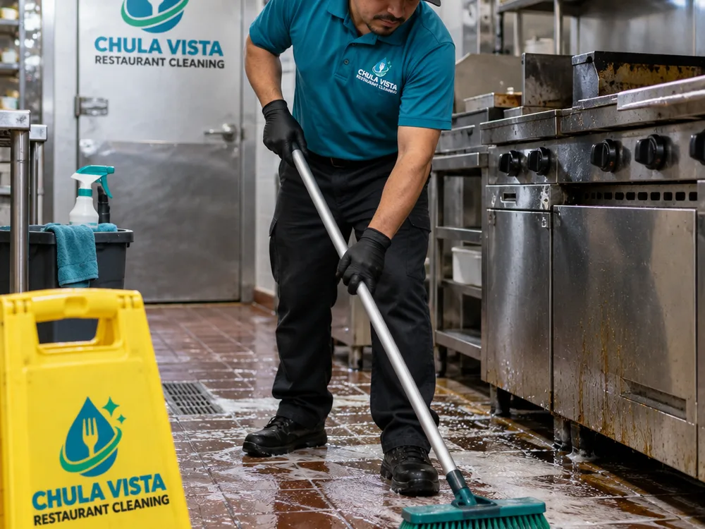 Cleaner degreasing a restaurant kitchen floor near the cook line with wet-floor signage in place