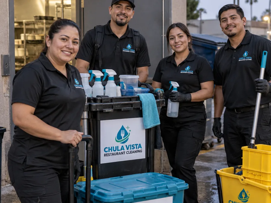 Uniformed restaurant cleaning crew staging labeled supplies before a night shift