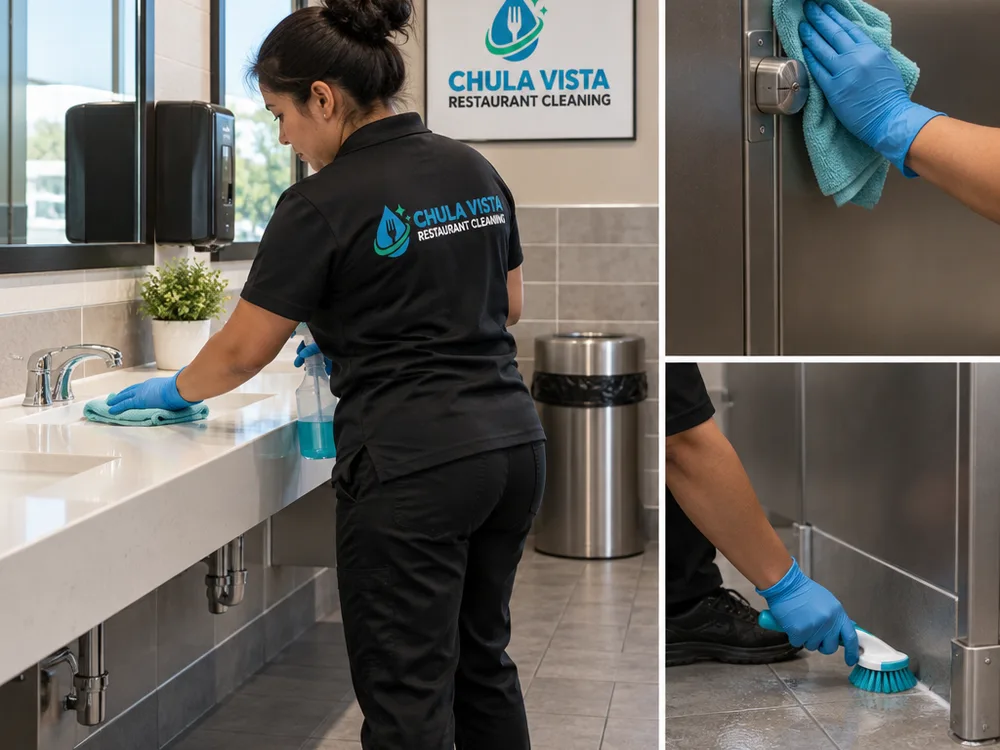 Cleaner disinfecting restaurant restroom fixtures, partition touchpoints, and floor edges
